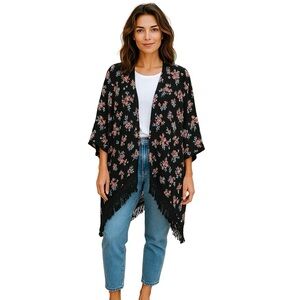 Lane Bryan Kimono Floral Fringe lightweight Flowy M Dolman Festival Coachella